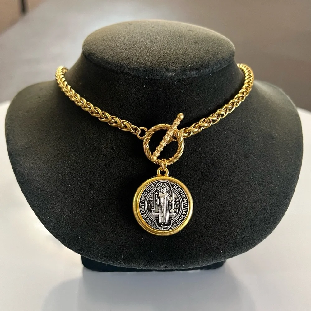 copy . Handmade stainless steel gold color necklace with st Benedict medal charm - Picture 2 of 15